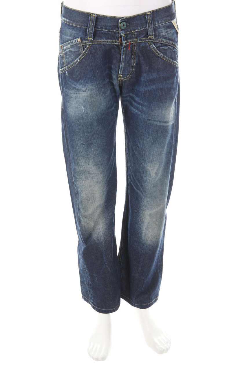 REPLAY - Distressed Straight Cut Jeans mit Logo-Patch - W33