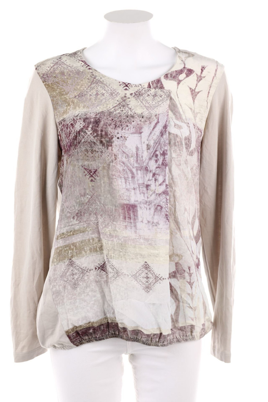 Roses & Angels - Basic-Longsleeve-Shirt aus Baumwoll-Mix mit Gummizug mit Seide mit Strass-Steinen mit Falte - D 40