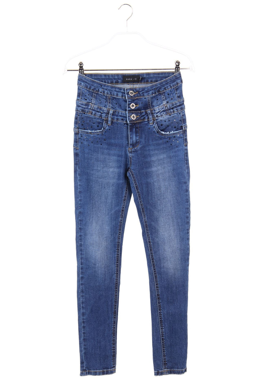 NUNA LIE - High Waist-Distressed Skinny-Jeans mit Strass-Steinen - XXS