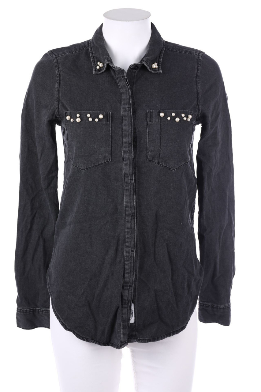 PULL&BEAR - Denim-Hemd-Bluse mit Perlen - XS