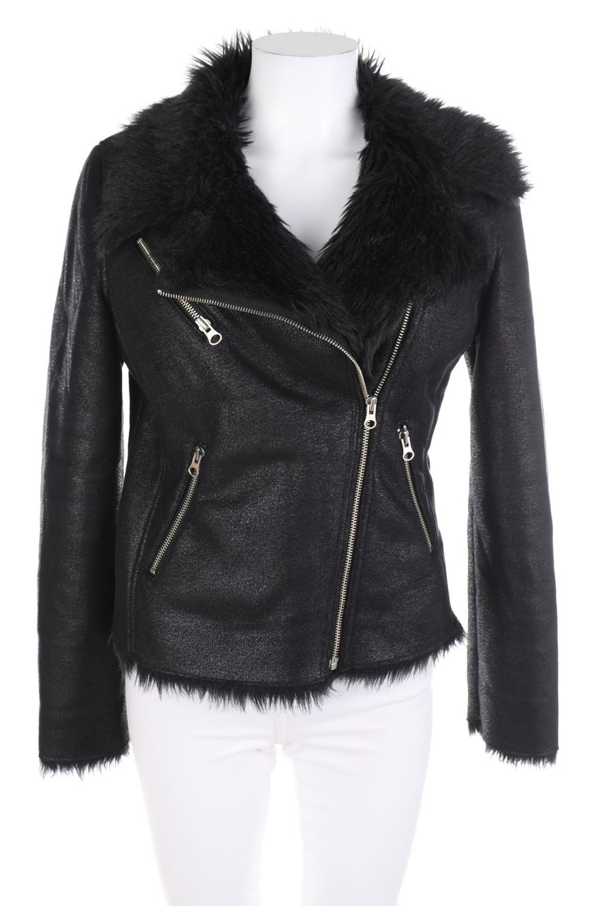 NAF NAF - Kunstlederjacke mit Fake Fur-Besatz - M