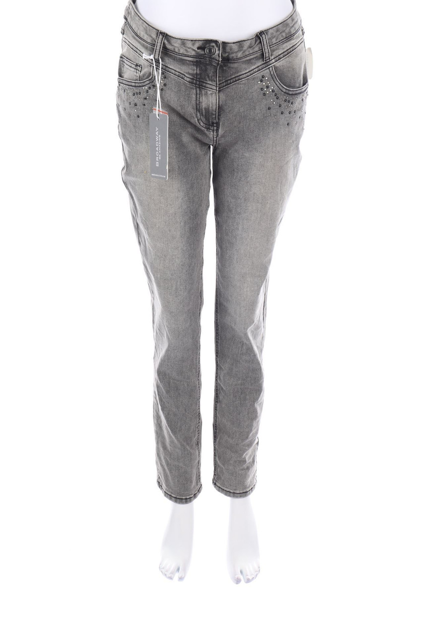 BROADWAY - Used Look Skinny-Jeans mit Schmuckstein-Applikation - L