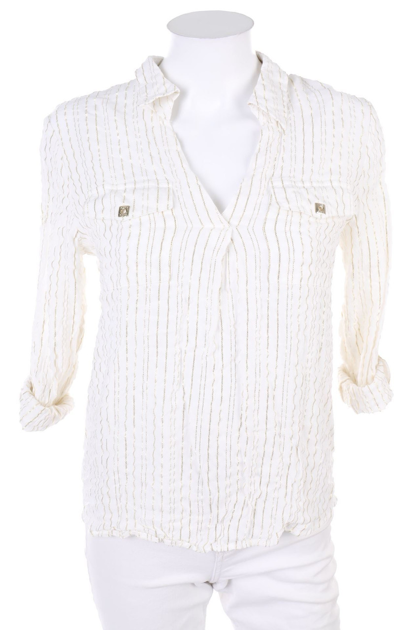 ANNE KLEIN - Crinkle-Bluse mit Streifen mit Krempel-Ärmeln - S