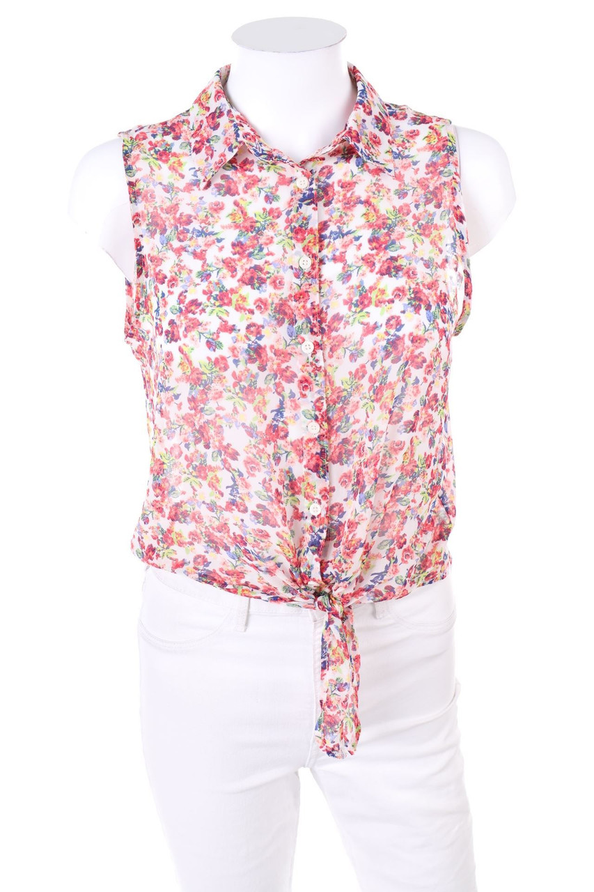 FB SISTER - Knoten-ärmellose Hemd-Bluse mit Blumen-Print - XS
