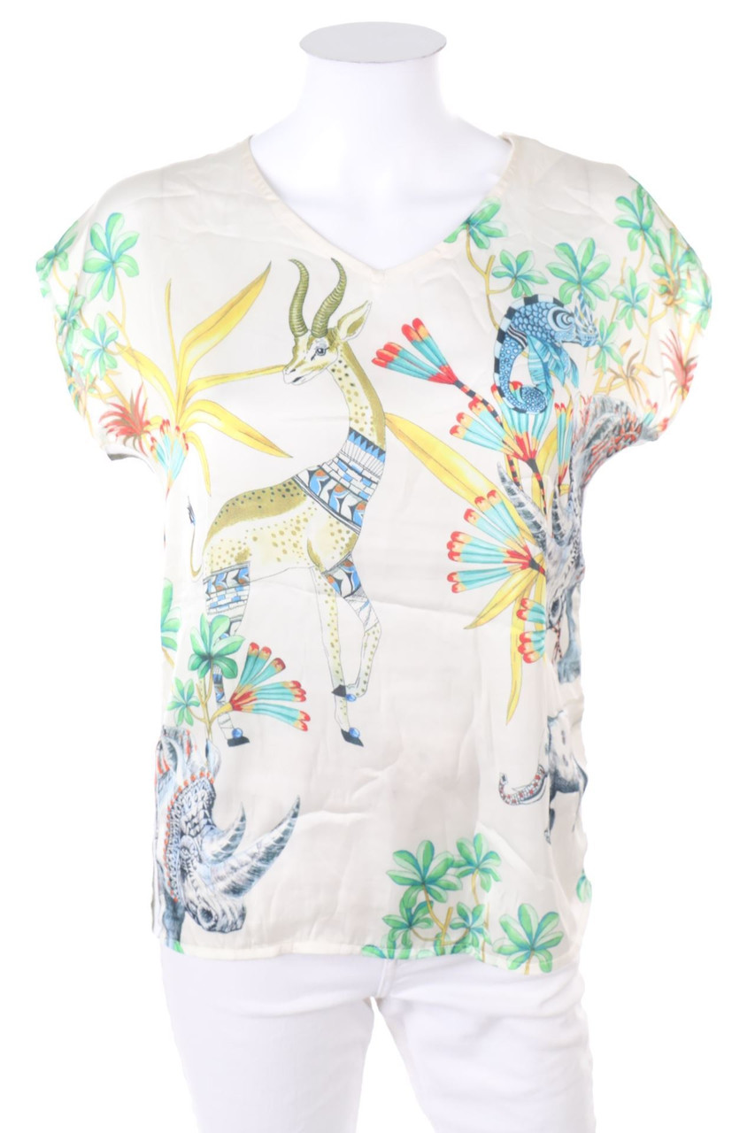 Ohne Label - Kurzarm-Bluse mit Print - D 40