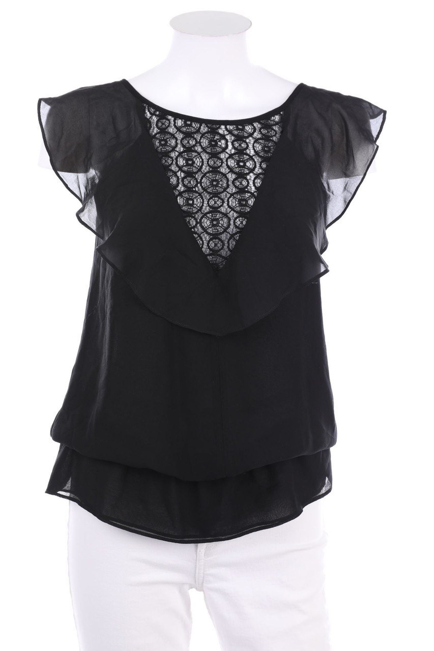 Ohne Label - Volant-Bluse mit Spitzen-Einsatz - S