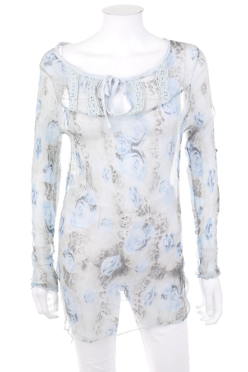 Ohne Label - Print-Bluse mit Krempel-Ärmeln aus Seiden-Mischung - D 34-36