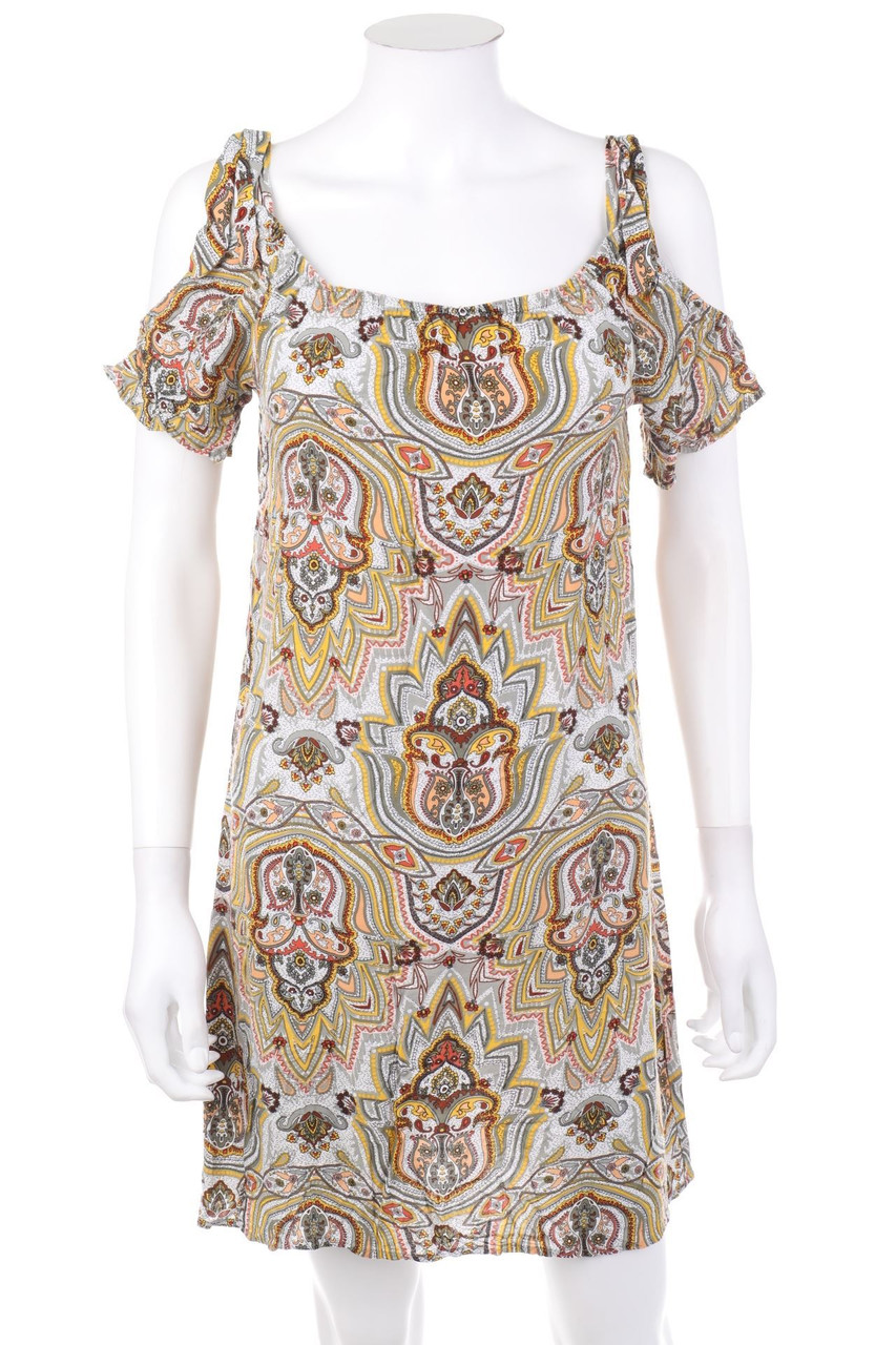 Ohne Label - Cold-Shoulder-Minikleid aus Jersey im Ethno-Stil - S