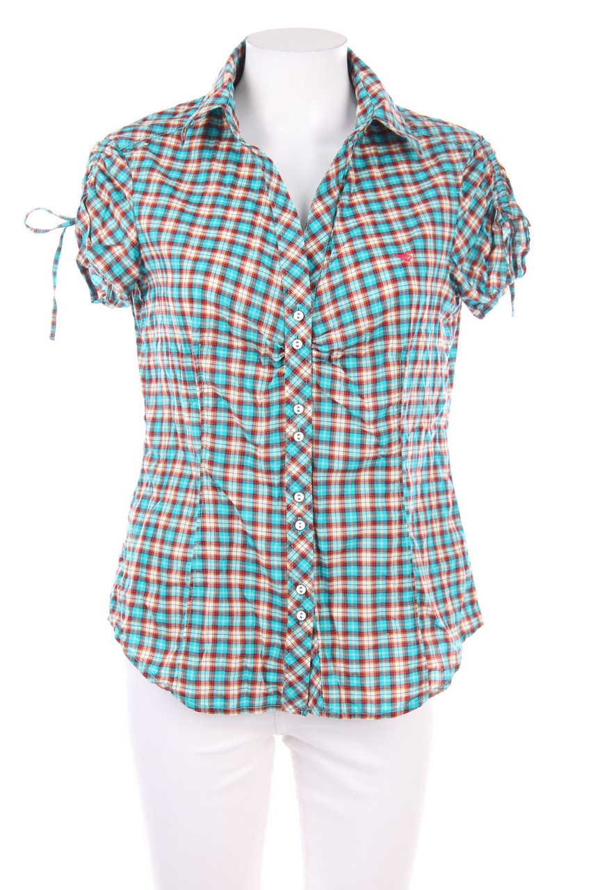 ESPRIT - Karo-Kurzarm-Bluse mit Raffungen - D 38