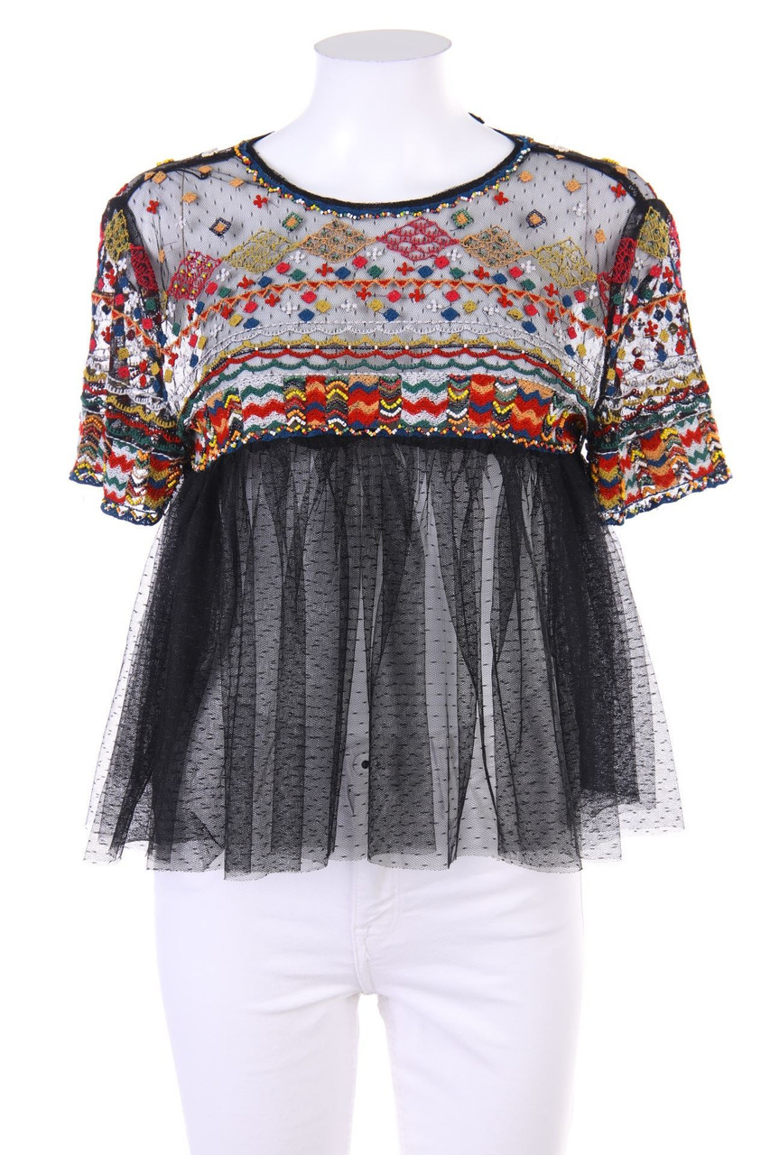 ZARA TRF - Boho-Kurzarm-Bluse mit Tüll mit Stickereien - M