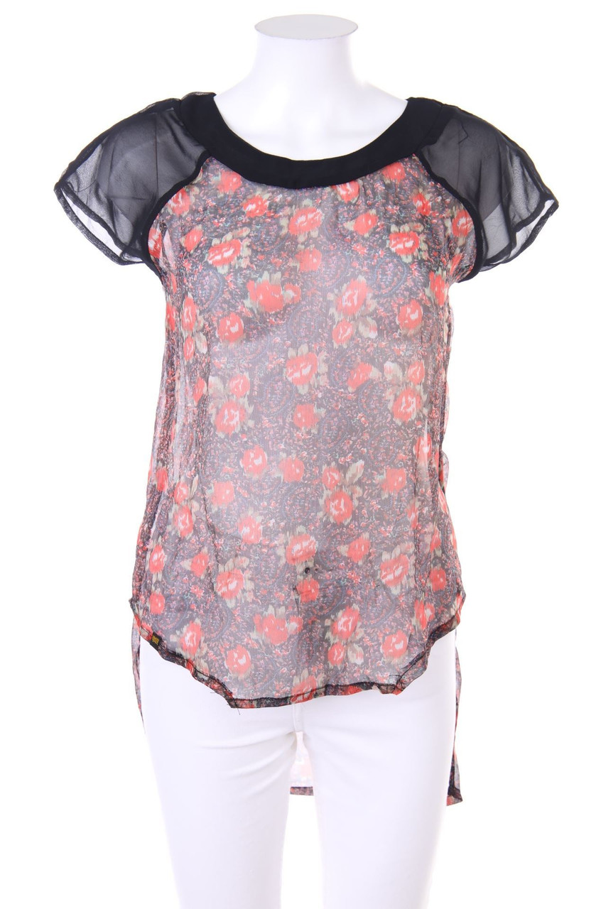 SECONDHAND - Vokuhila-Kurzarm-Bluse mit Print - S