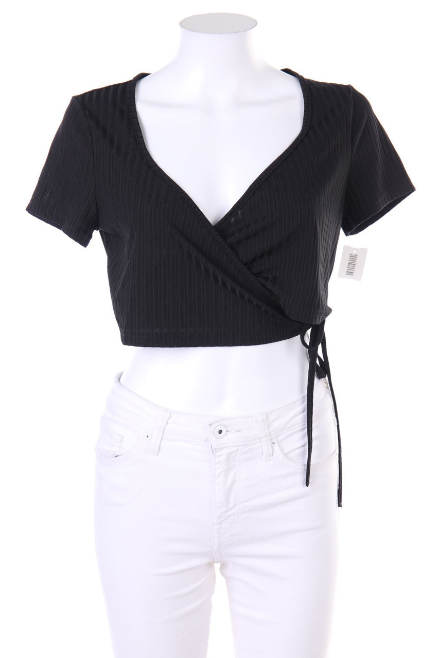 SHEIN - Cropped-Kurzarm-Shirt in Wickel-Optik mit tiefem Ausschnitt - L
