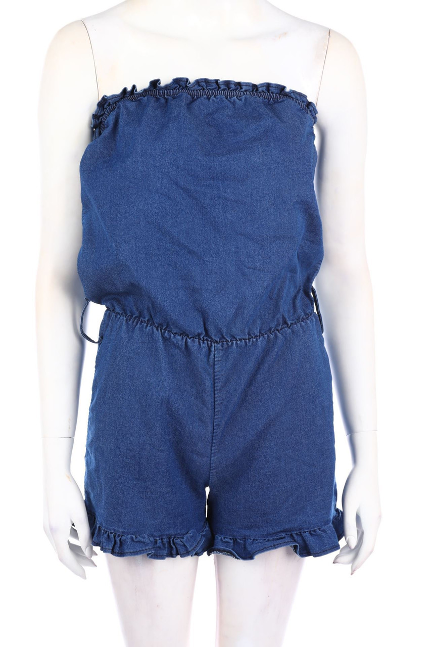 Ohne Label - Denim-Playsuit mit Rüschen - D 36