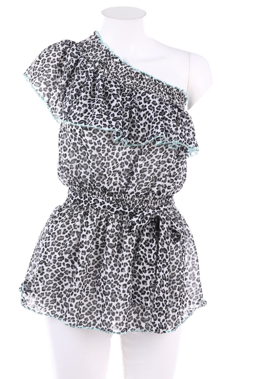 Danity - One Shoulder-Volant-Bluse mit Leo-Print - L