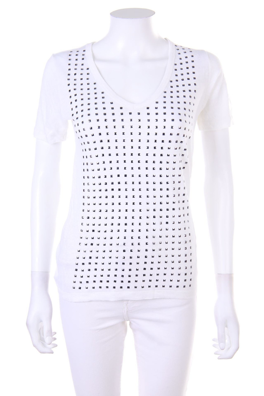 sandro - Leinen-Kurzarm-Shirt mit Applikationen - D 34