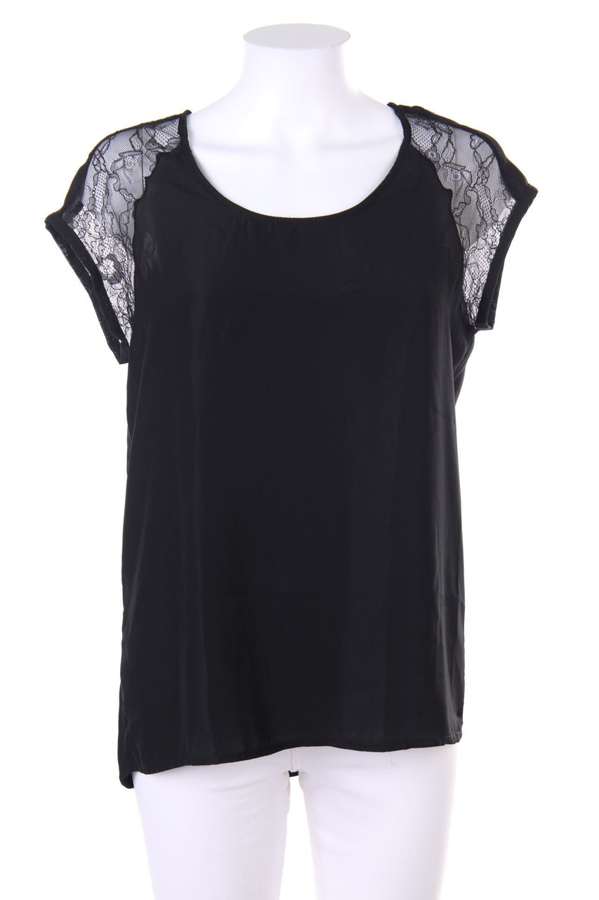 Ohne Label - Kurzarm-Bluse mit Spitzen-Einsatz - S