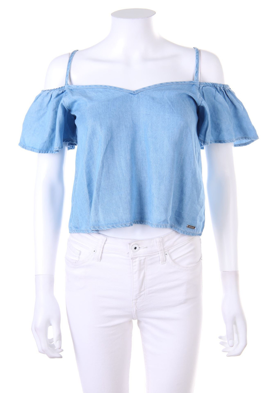 GUESS - Cropped-Cold-Shoulder-Bluse in Denim-Optik - XS