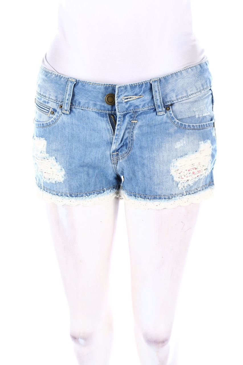 AMISU - Destroyed Jeans-Shorts mit Spitze - D 34