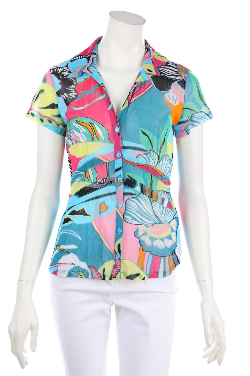 comma - Mesh-Kurzarm-Bluse mit Print - D 38
