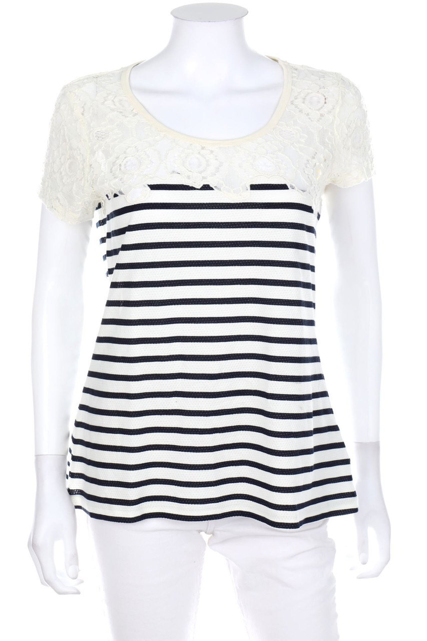 soyaconcept - Streifen-Kurzarm-Bluse mit Spitze - M