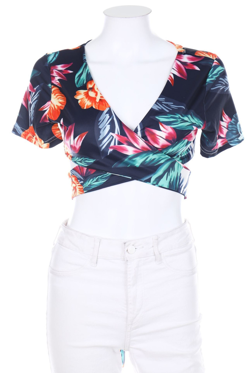 Ohne Label - Wickel-Bluse mit Blumen-Print - D 32