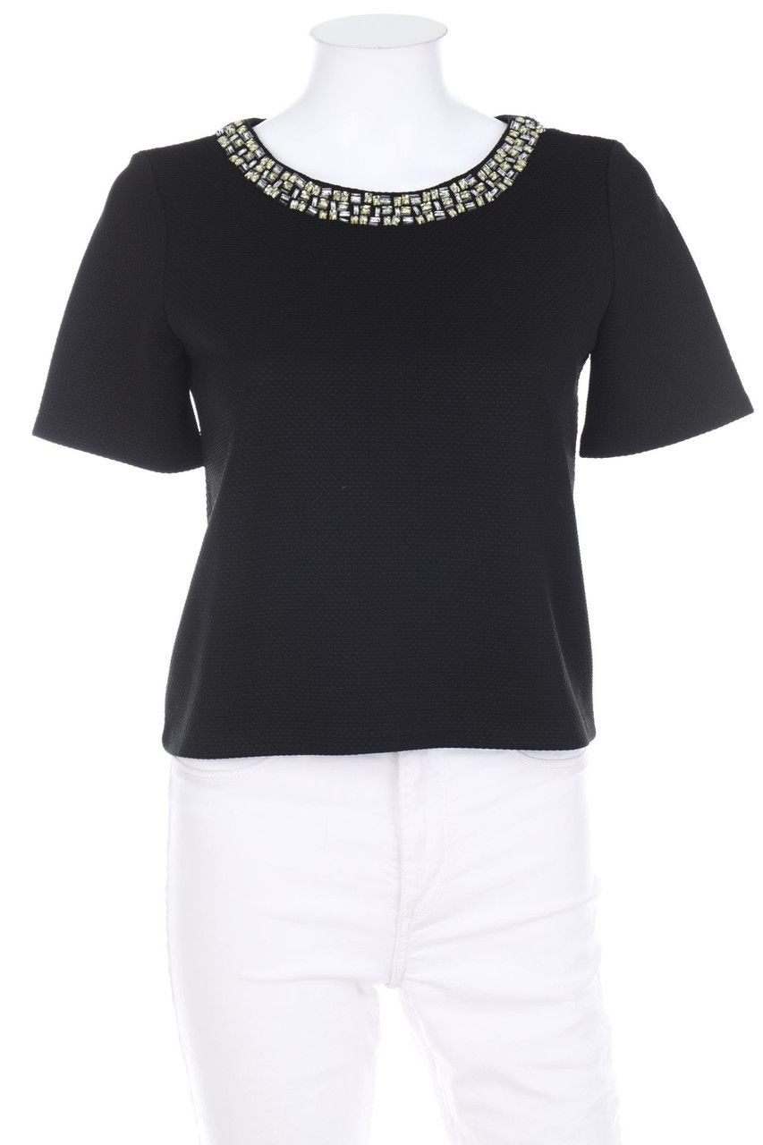H&M - Cropped-Kurzarm-Bluse mit Schmuckstein-Applikation - S