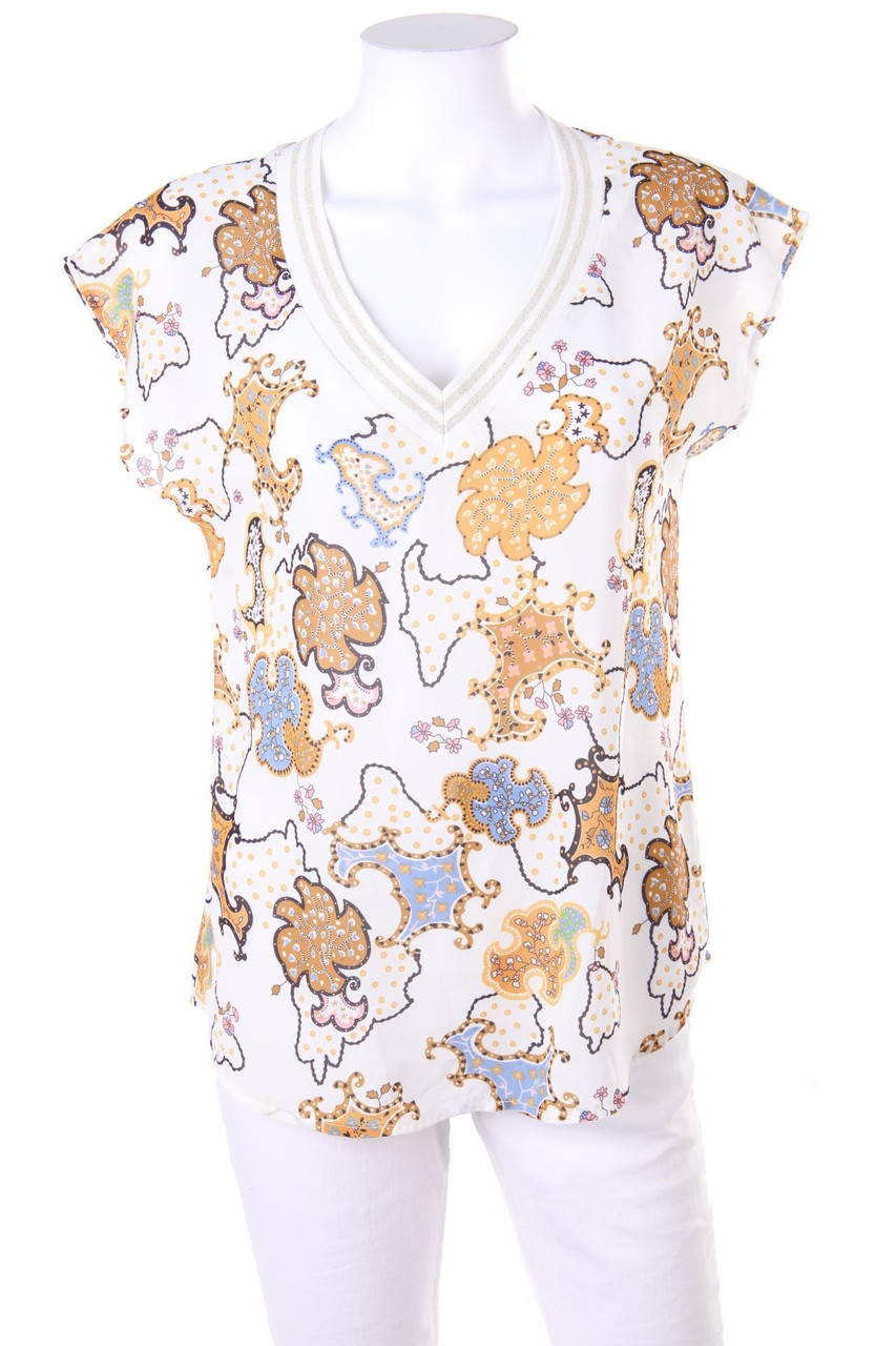 Ohne Label - Kurzarm-Bluse mit Print - D 40