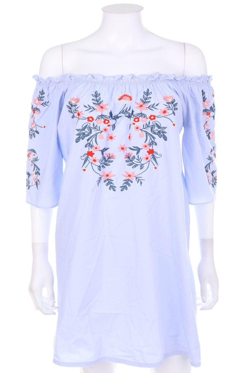 AMISU - Carmen-Minikleid mit Stickereien - D 36