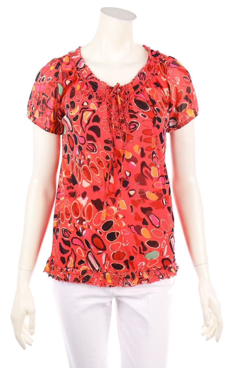 comma - Mesh-Kurzarm-Shirt mit Rüschen - D 36