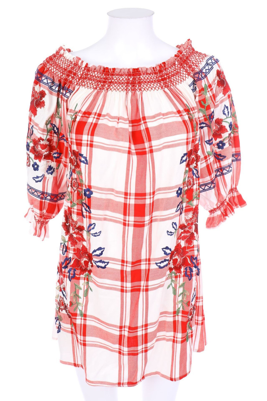 ZARA WOMAN - Karo-Carmen-Bluse mit Stickereien - S