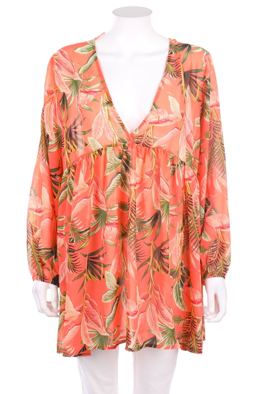 Ohne Label - Chiffon-Tunikakleid mit Tropical Print - XL