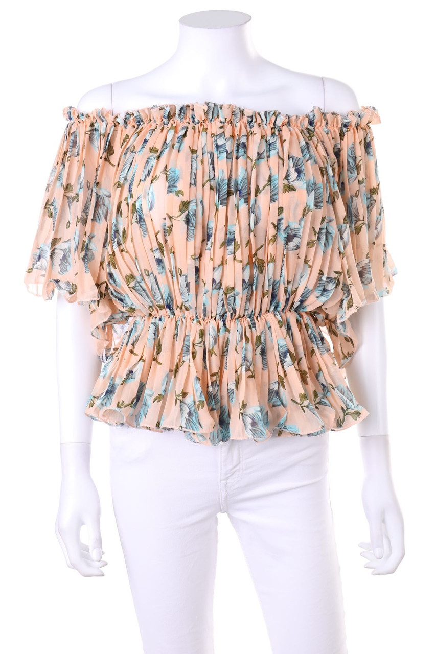 SECONDHAND - Plissee-Kurzarm-Bluse mit Blumen-Print - S