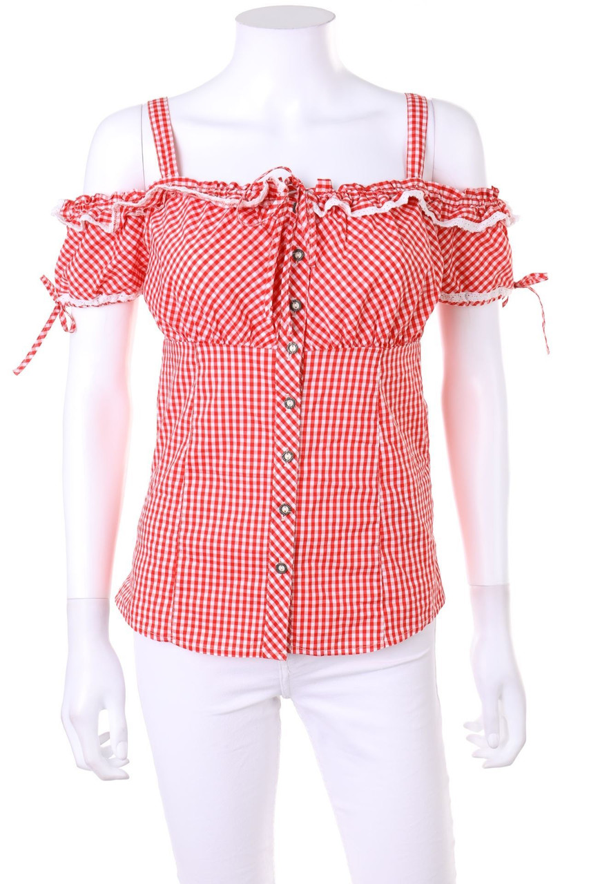 AMISU - Karo-Kurzarm-Shirt mit Rüschen - S