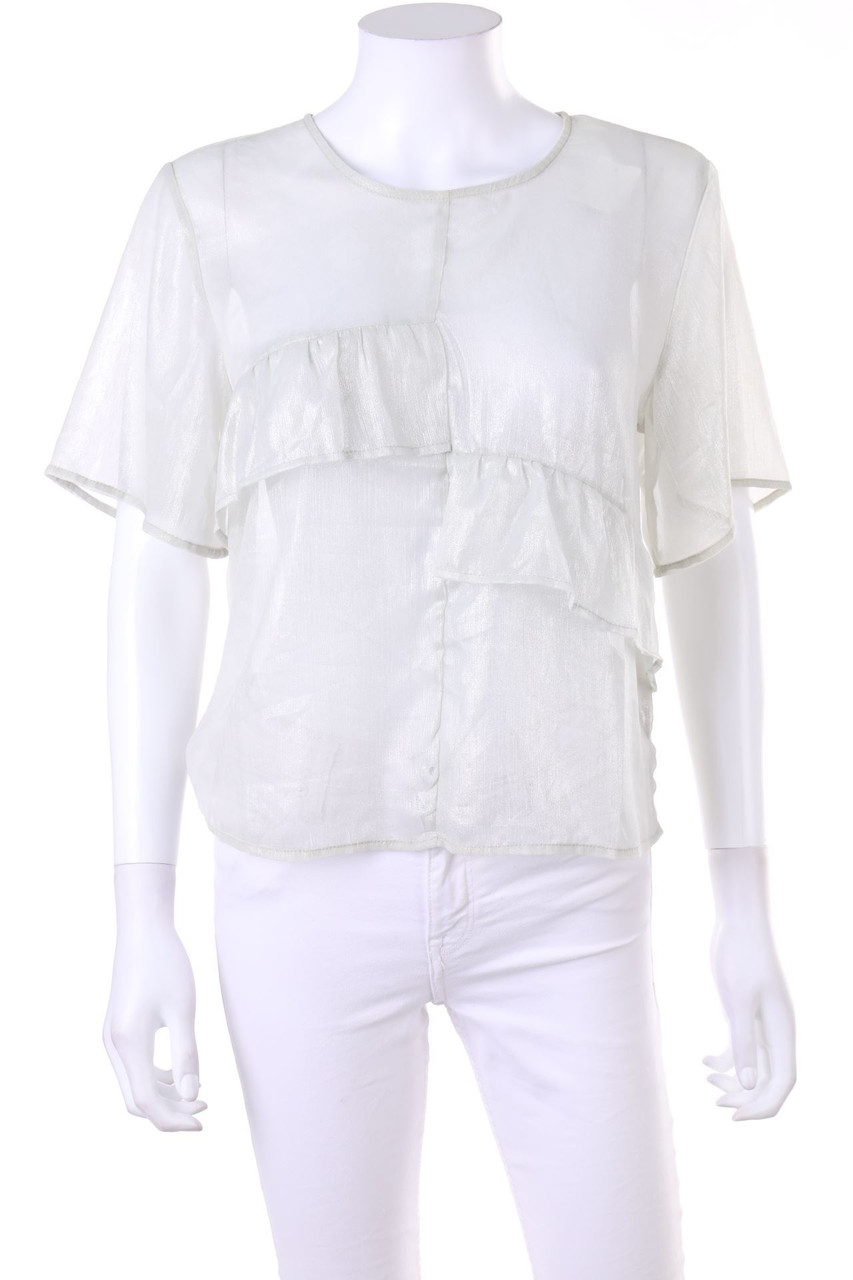 Ohne Label - Glitzer-Kurzarm-Bluse mit Volants - D 42