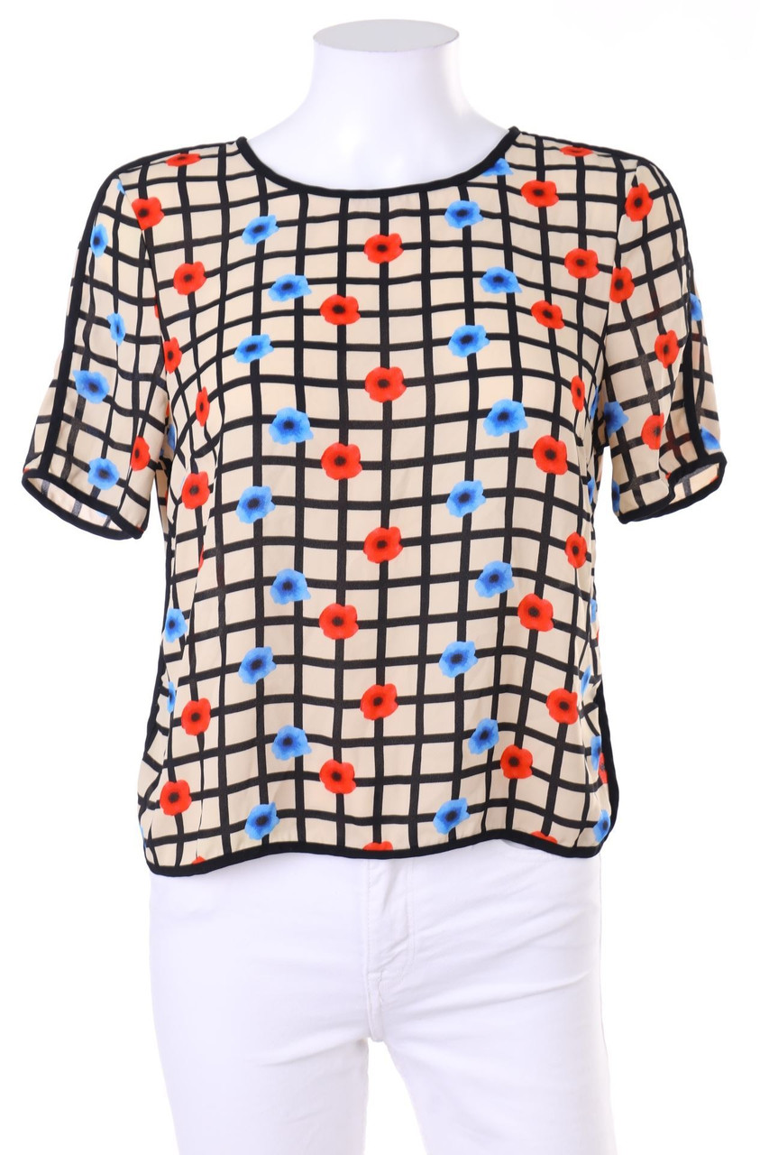 VERO MODA - Karo-Kurzarm-Bluse mit Blumen-Print - S