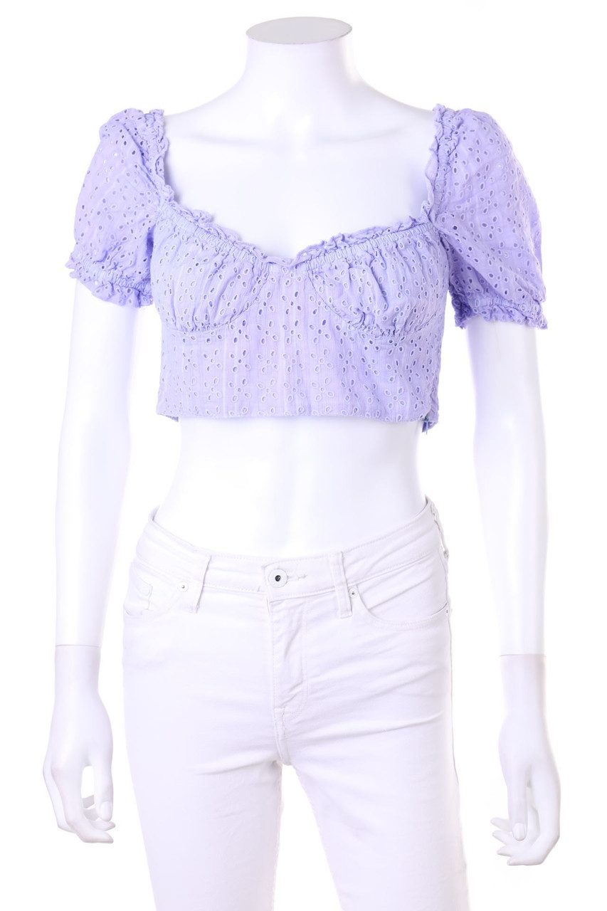 Bershka - Cropped-Kurzarm-Bluse mit Lochspitze - S
