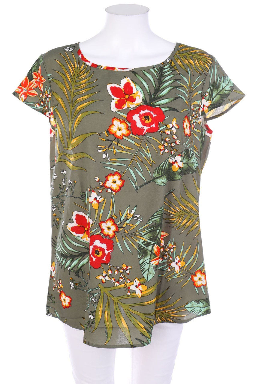 Ohne Label - Kurzarm-Bluse mit Tropical Print - D 40