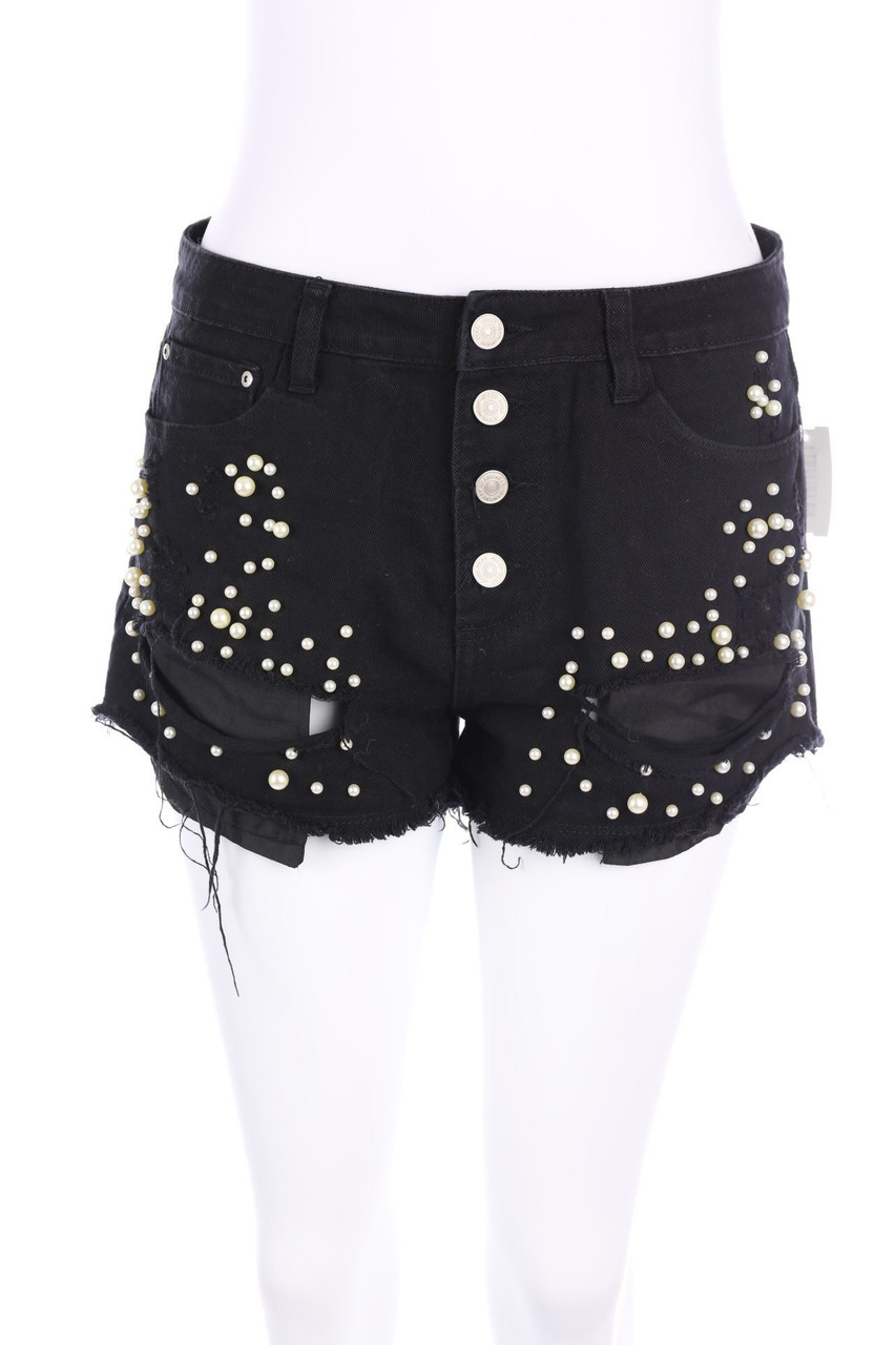 LEXXURY - Denim-Destroyed-Hotpants mit Perlen - D 34