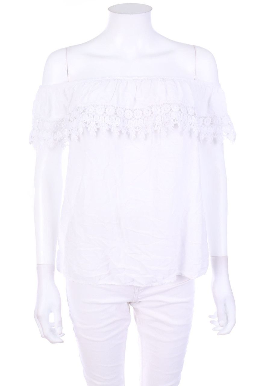 Ohne Label - Carmen-Kurzarm-Bluse mit Spitze - S