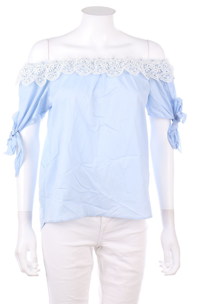 Ohne Label - Carmen-Bluse aus Baumwoll-Mix mit Spitze - M