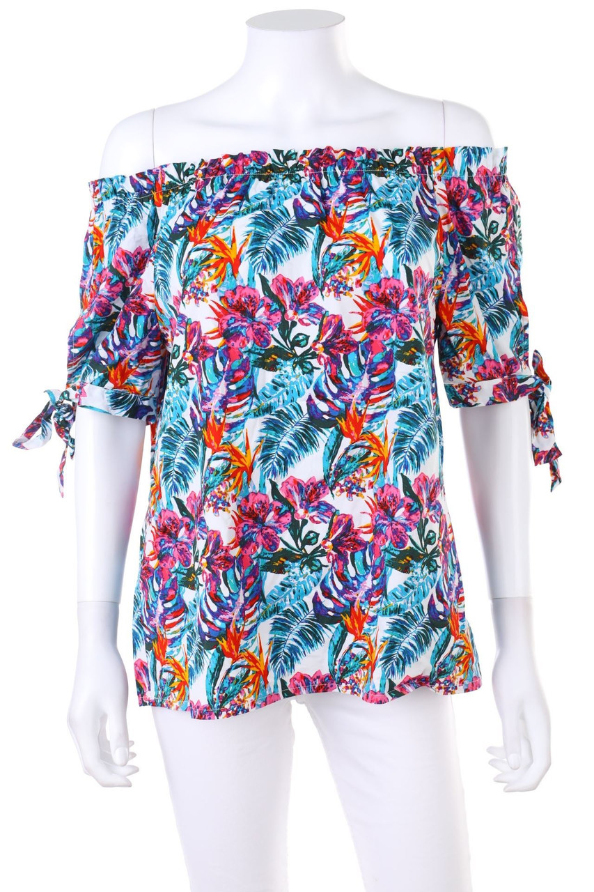 manguun - Carmen-Kurzarm-Bluse mit Tropical Print - D 38