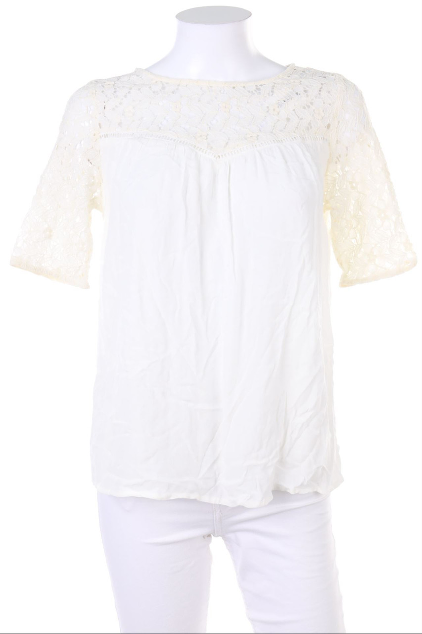 Ohne Label - Kurzarm-Bluse mit Spitze - D 42