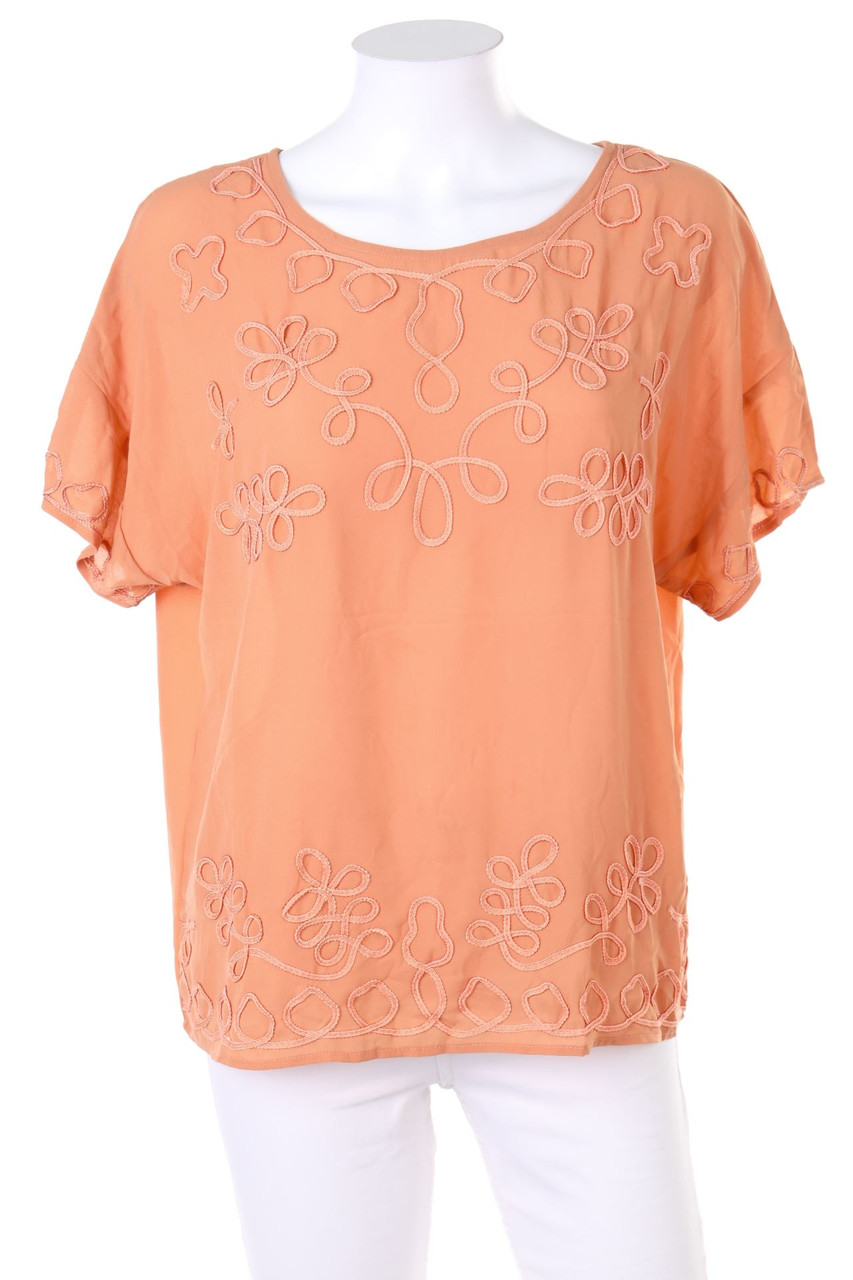 Ohne Label - Kurzarm-Bluse mit Applikationen - M