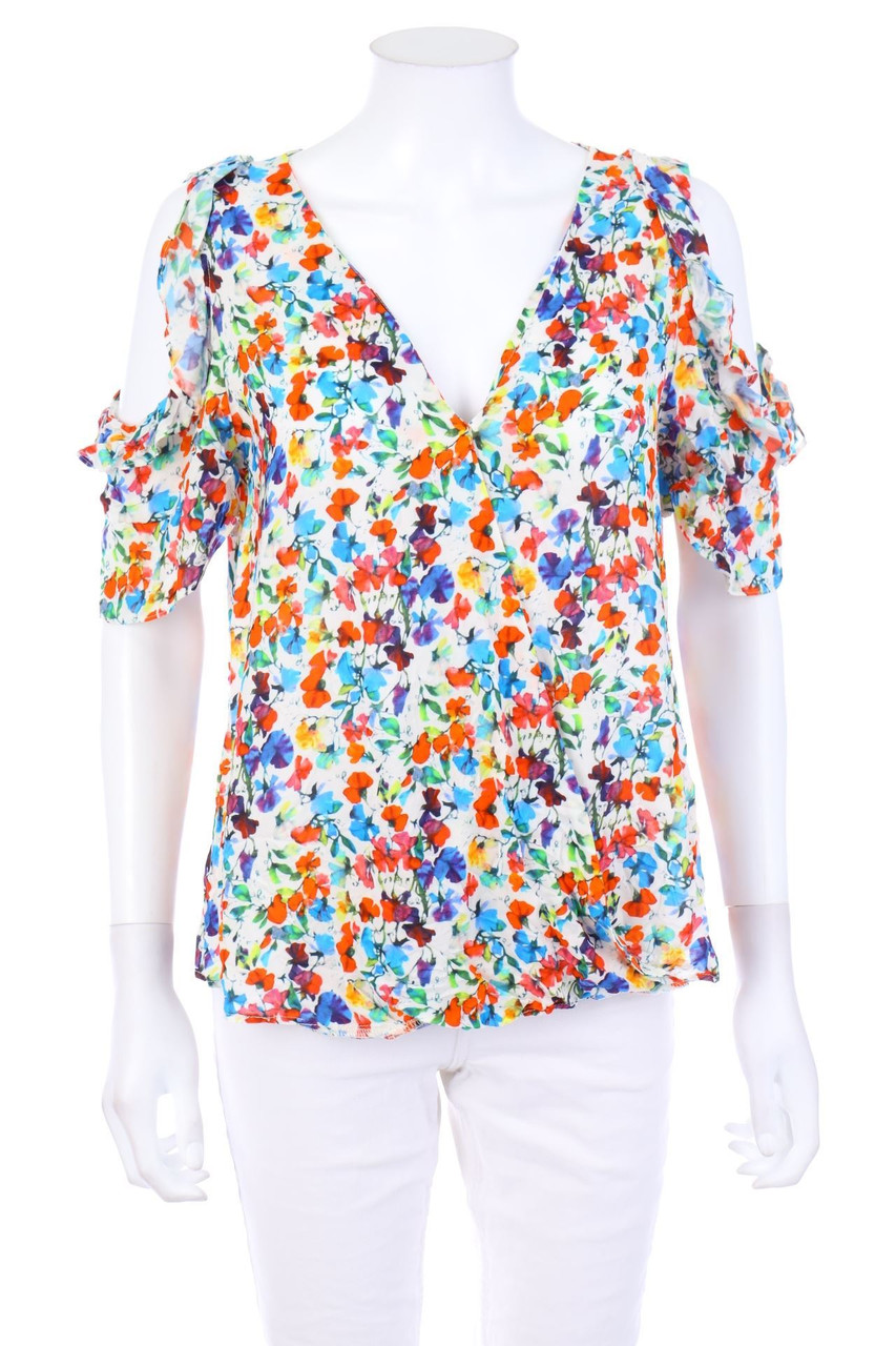 Ohne Label - Cold-Shoulder-Kurzarm-Bluse mit Blumen-Print - D 44
