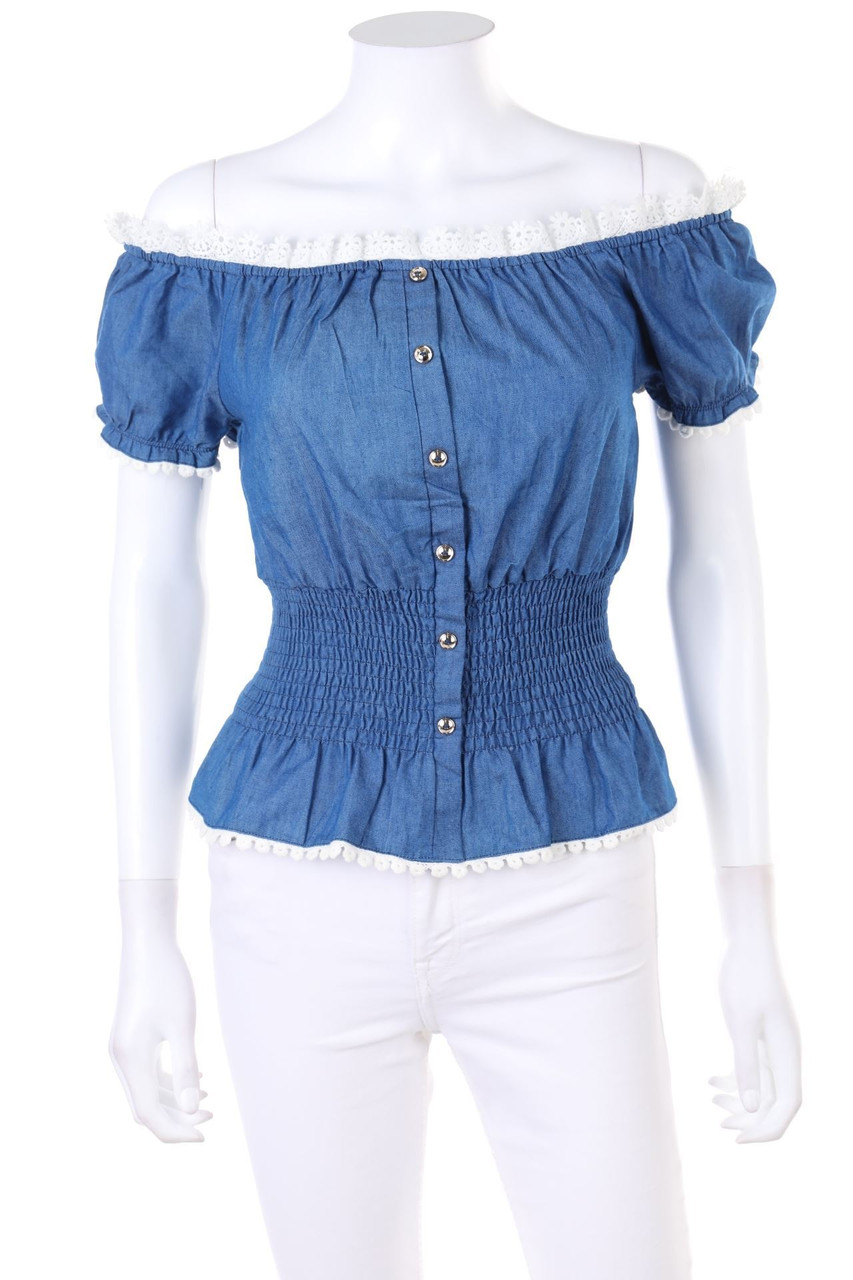 papermoon - Carmen-Bluse in Denim-Optik - S