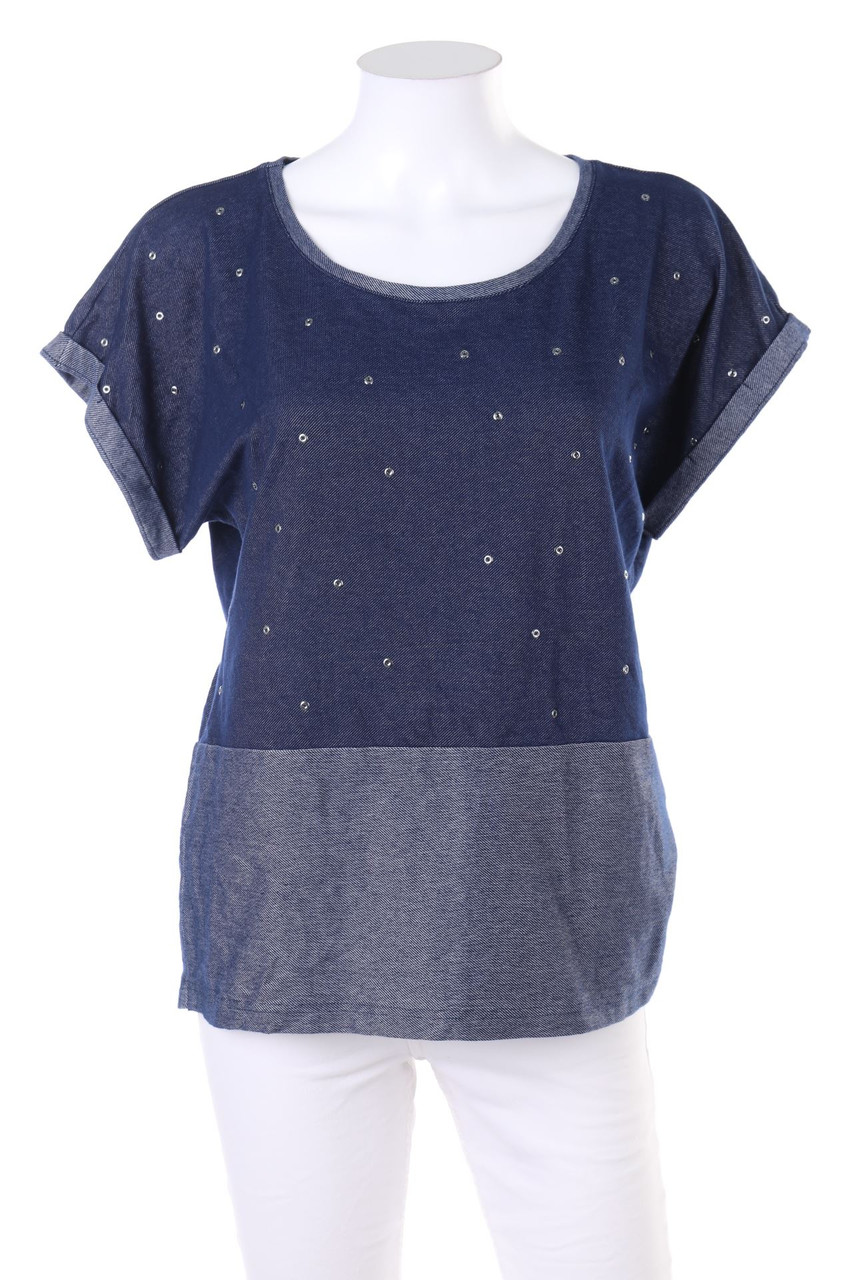 Ohne Label - Kurzarm-Shirt in Denim-Optik mit Applikationen - D 36