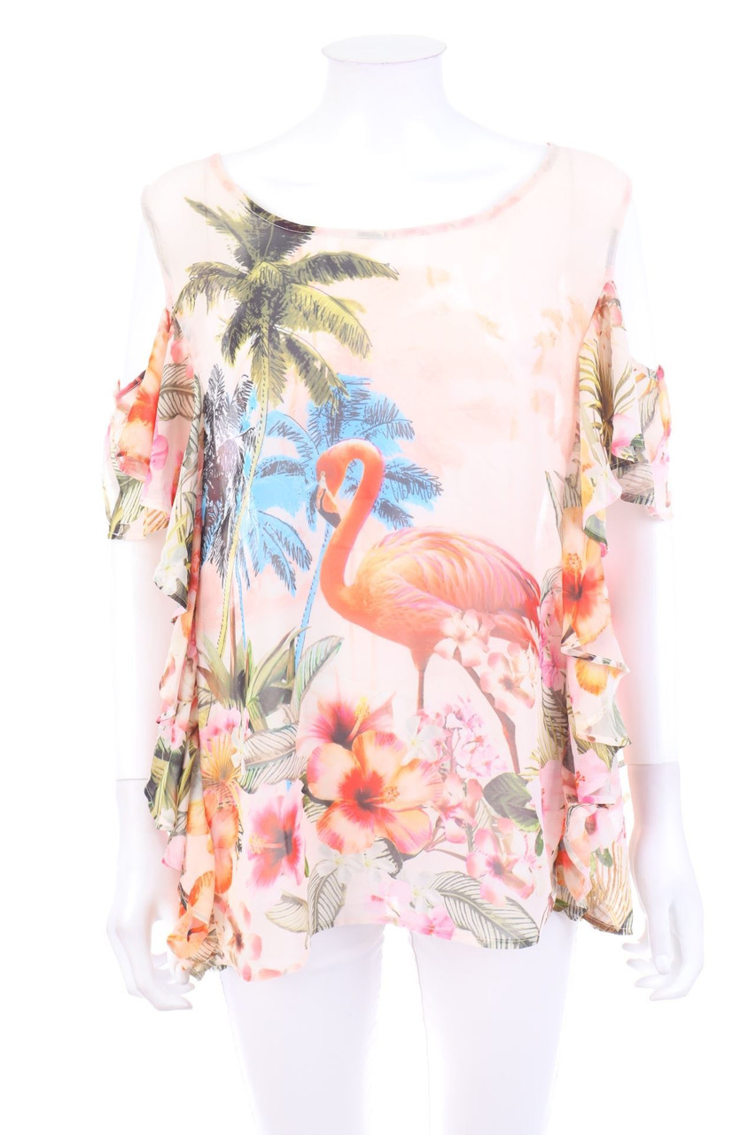 Ohne Label - Kurzarm-Bluse mit floralem Muster - XL