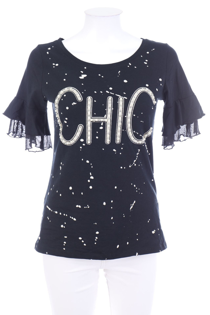 Ohne Label - Kurzarm-Bluse mit Schmuckstein-Applikation - XS