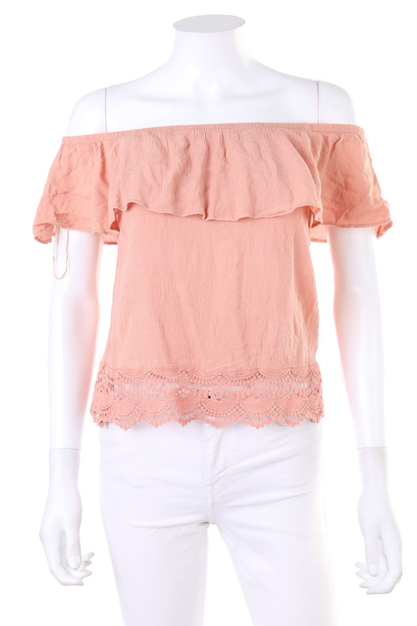 Ohne Label - Volants-Carmen-Bluse mit Spitze - S