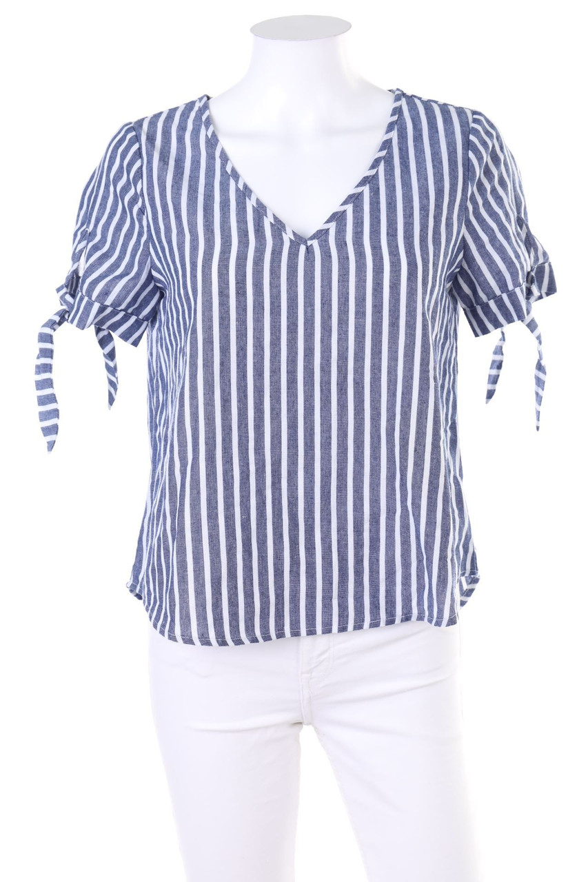 SHEIN - Streifen-Kurzarm-Bluse aus Baumwoll-Mix mit Schleife - XS